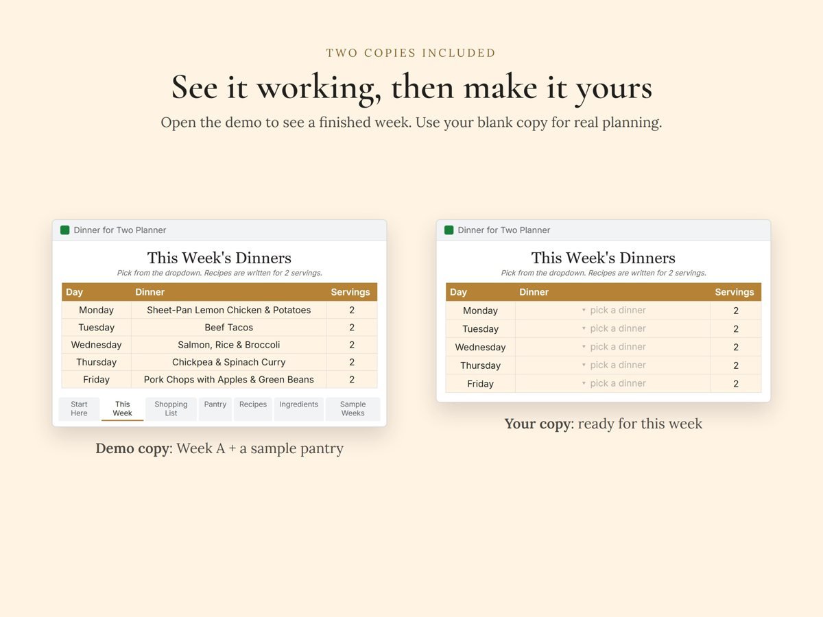 Demo copy with a full week filled in, next to the blank copy