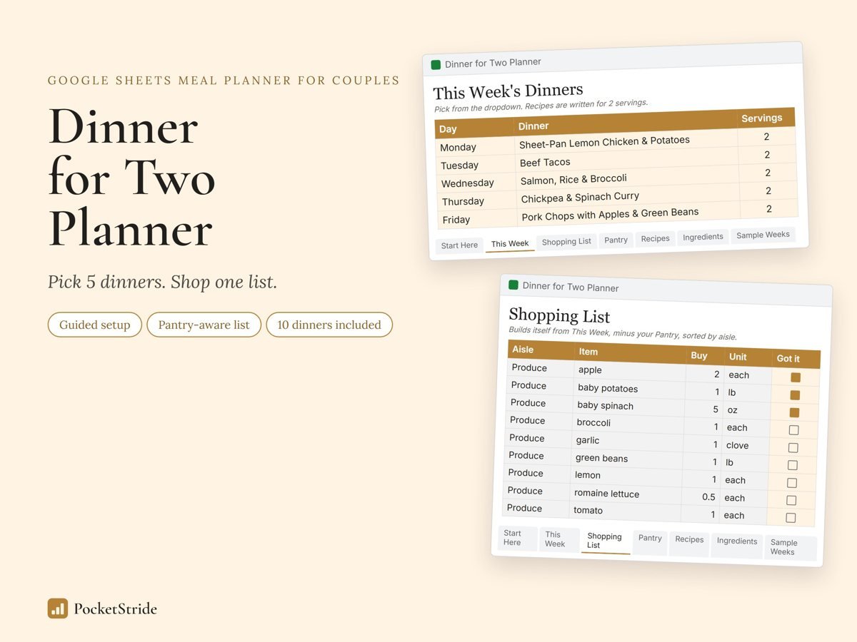 Dinner for Two Planner: This Week and Shopping List tabs