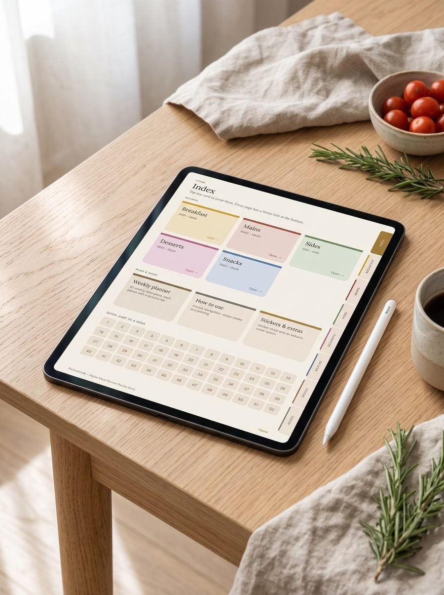 Digital meal planner recipe book open on an iPad, showing the hyperlinked index