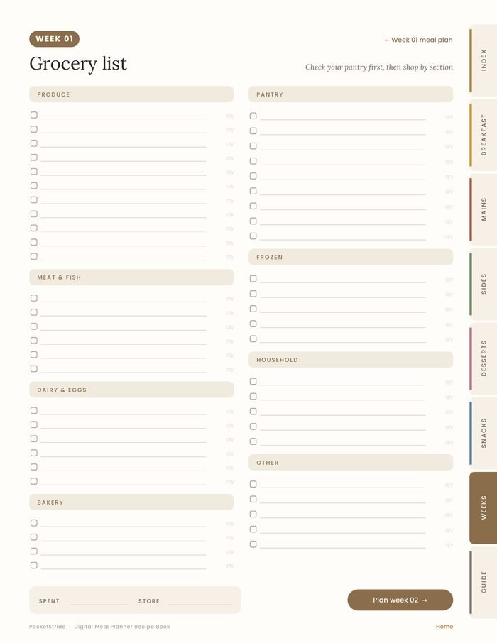 Weekly grocery list page sorted by store section