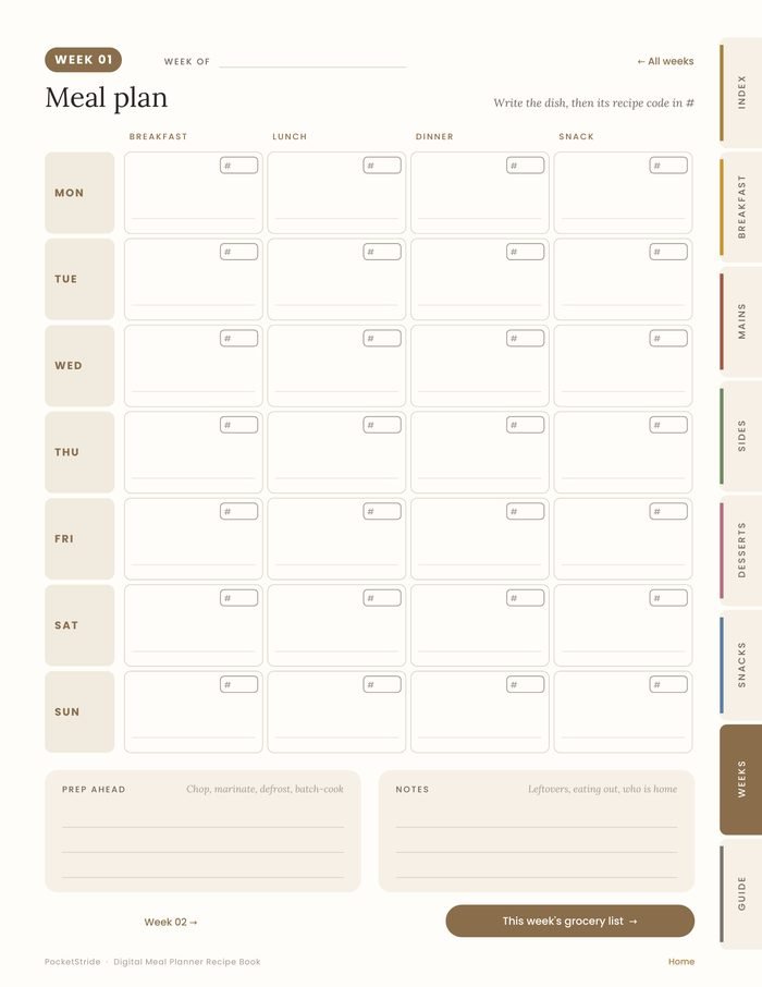 Undated weekly meal plan with breakfast, lunch, dinner and snack