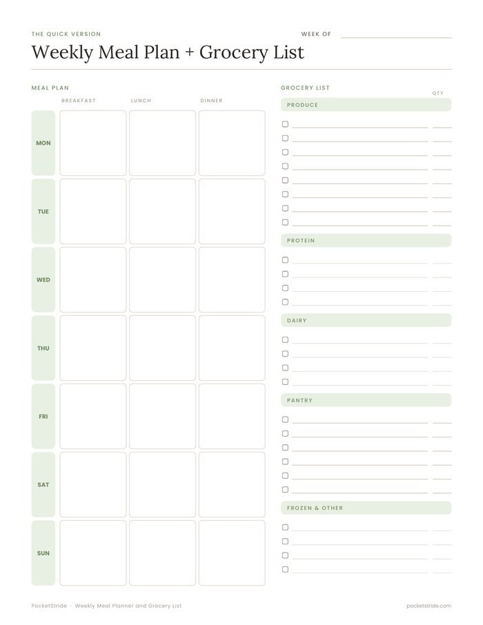 Weekly meal plan and grocery list printable on one page
