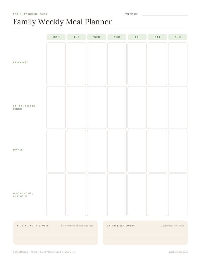 Family weekly meal planner printable