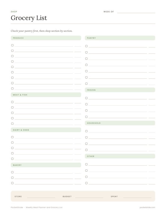 Grocery list printable