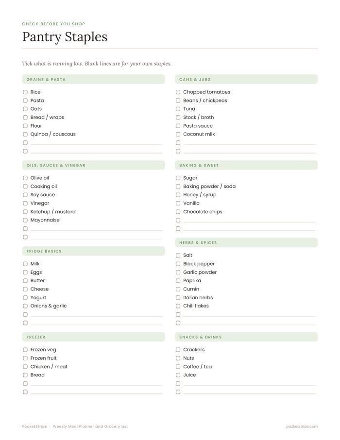 Pantry staples checklist printable