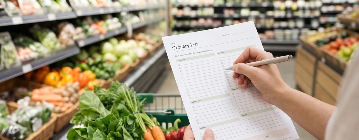 Shopping with the printable grocery list in a supermarket